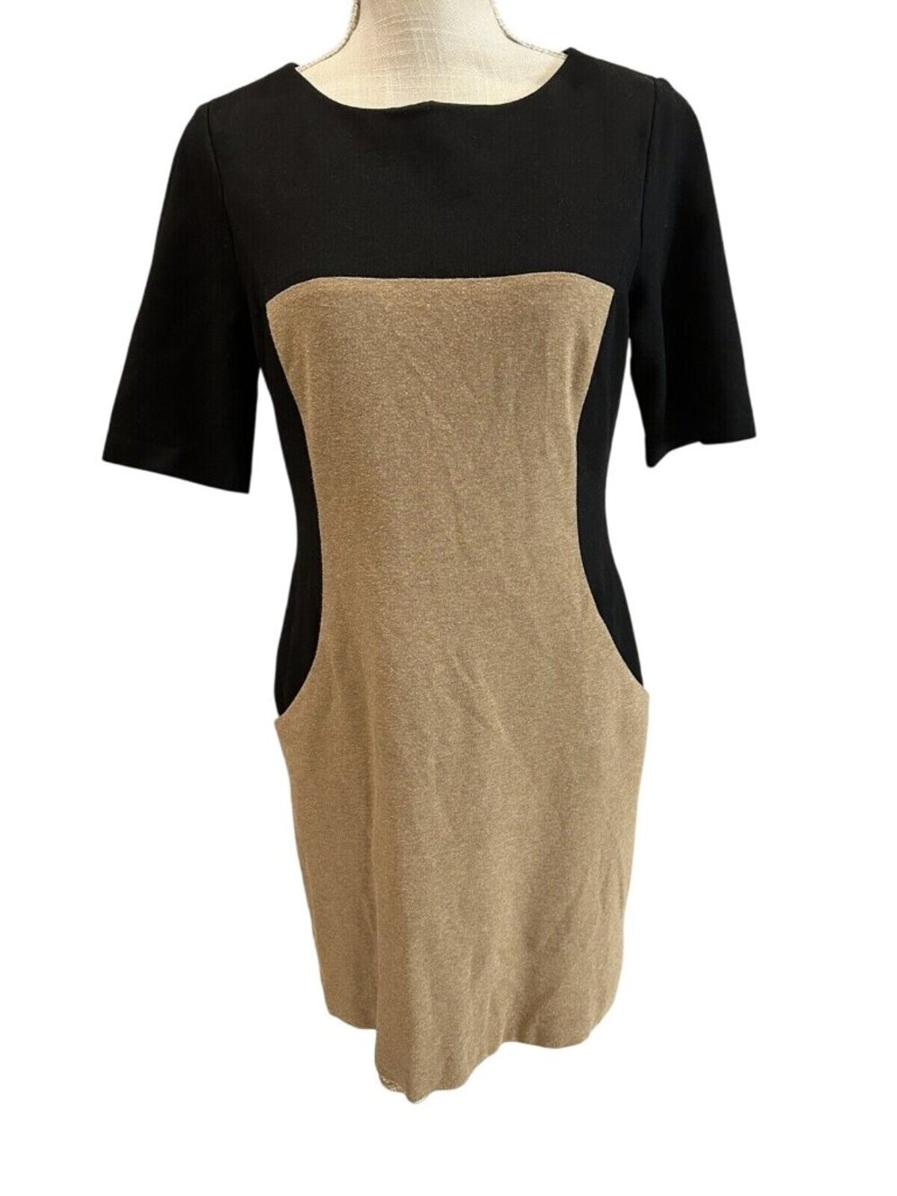 Trina Turk Knee-Length Colorblock Beige/Black Dress Short Sleeves Size M